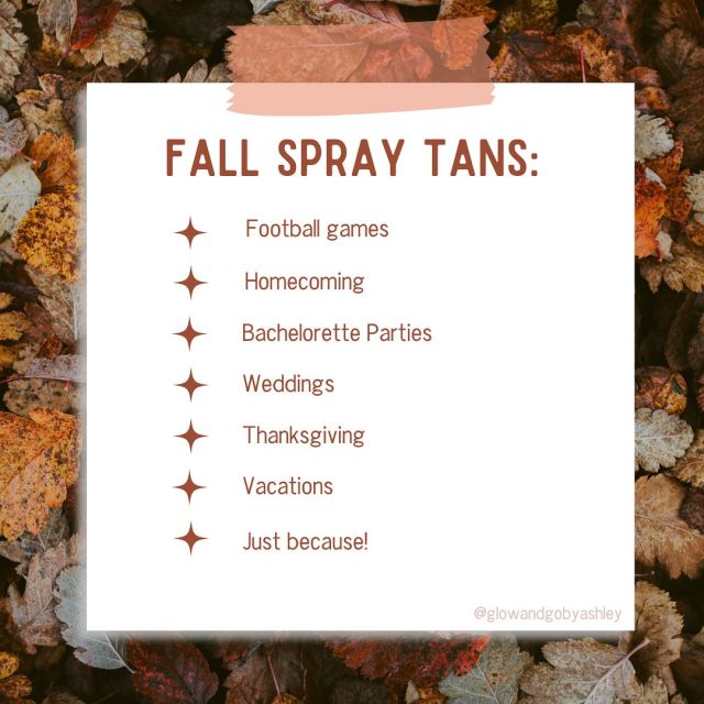 Fall events deserve a golden glow ✨ Whether it’s football games, homecoming, weddings, or just because… a spray tan is always in season! 🍂🧡