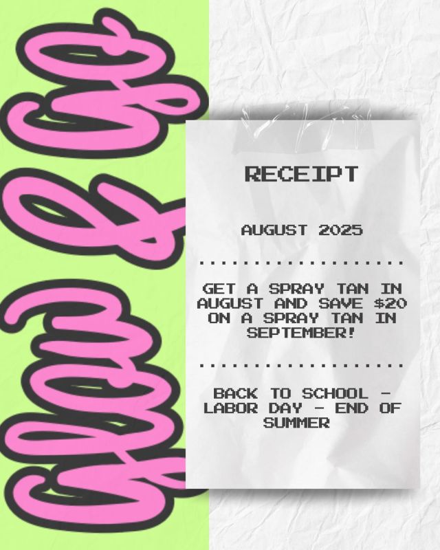 HELLO AUGUST

Get a tan in AUGUST 2025 you will automatically get $20 off your tan in SEPTEMBER 2025. 

(Only valid for the months listed)